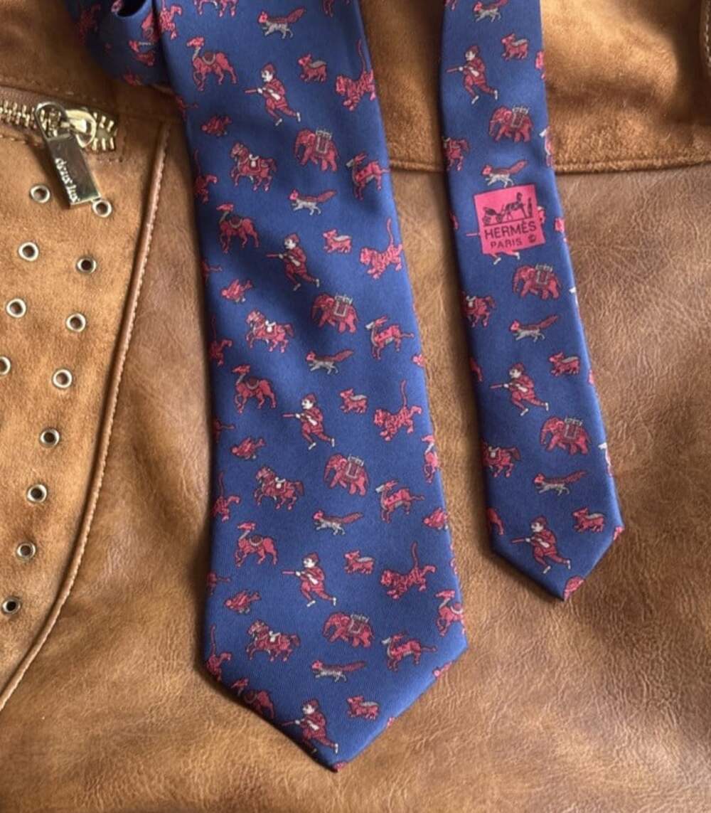 Hermes 100% Silk Tie 963 IA Navy Blue Red Squirrel Horse Elephant Battle Soldier